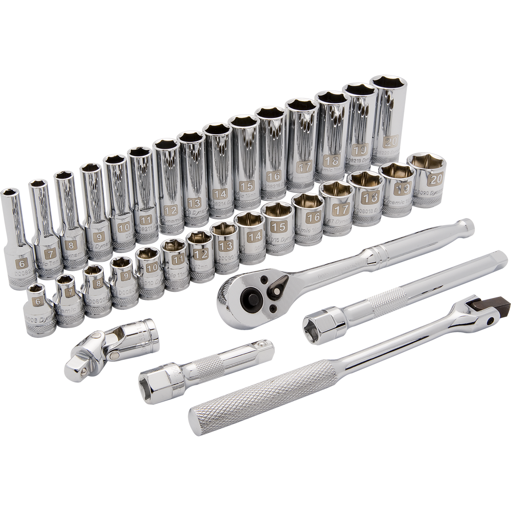 Dynamic D010011 Tools 3/8 Inch Drive 35 Piece 6 Point, Standard/Deep Metric Socket Set, 6mm - 20mm
