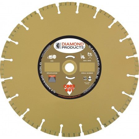 Dry Cutting High Speed Specialty Turbo Blades Diamond Products 28654 16 Inch x .125 Inch x 1 Inch, Standard Gold (S), General Purpose, Cured Concrete, High Speed Hand Saw Specialty Turbo Diamond Blade