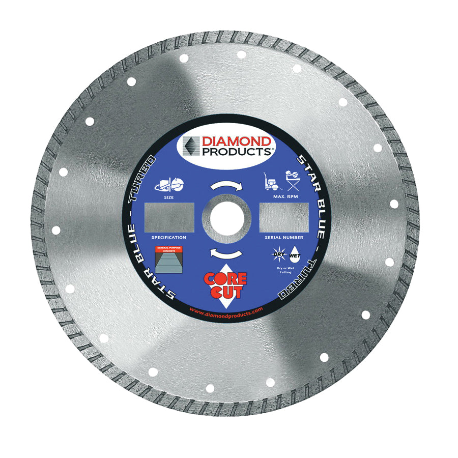 Dry Cutting High Speed Turbo Blades Diamond Products 80005 9 Inch x .095 Inch x 7/8 Inch, Star Blue (B), General Purpose, Cured Concrete, High Speed Hand Saw Turbo Diamond Blade
