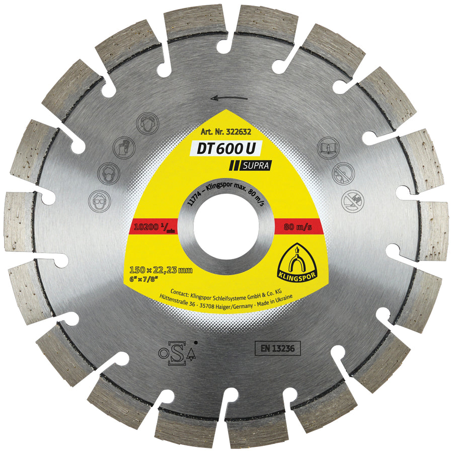 Klingspor 322632 Segmented Diamond cutting blades for angle grinders DT600 Supra 6 Inch x 7/8 Inch with 18 segments