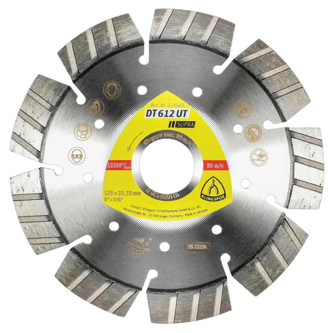 Klingspor 334045 Segmented Diamond cutting blades for angle grinders DT612 Supra 5 Inch x 7/8 Inch with 9 segments