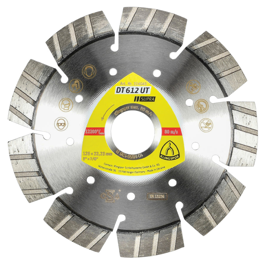 Klingspor 334045 Segmented Diamond cutting blades for angle grinders DT612 Supra 5 Inch x 7/8 Inch with 9 segments